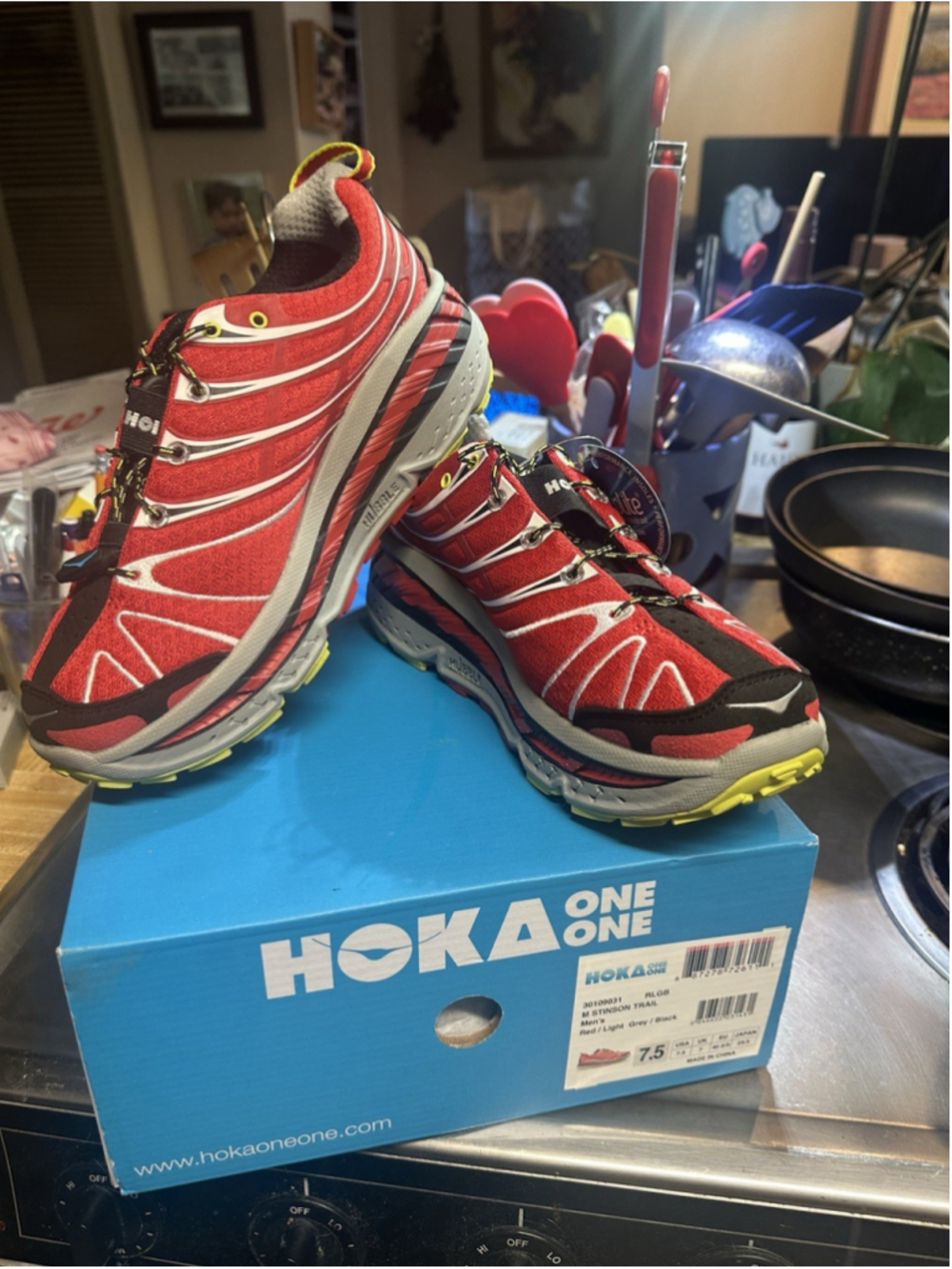 NIB Hoka One M Stinson Trail Shoe in Red/Light grey/Black - M 7.5/ W 8.5
